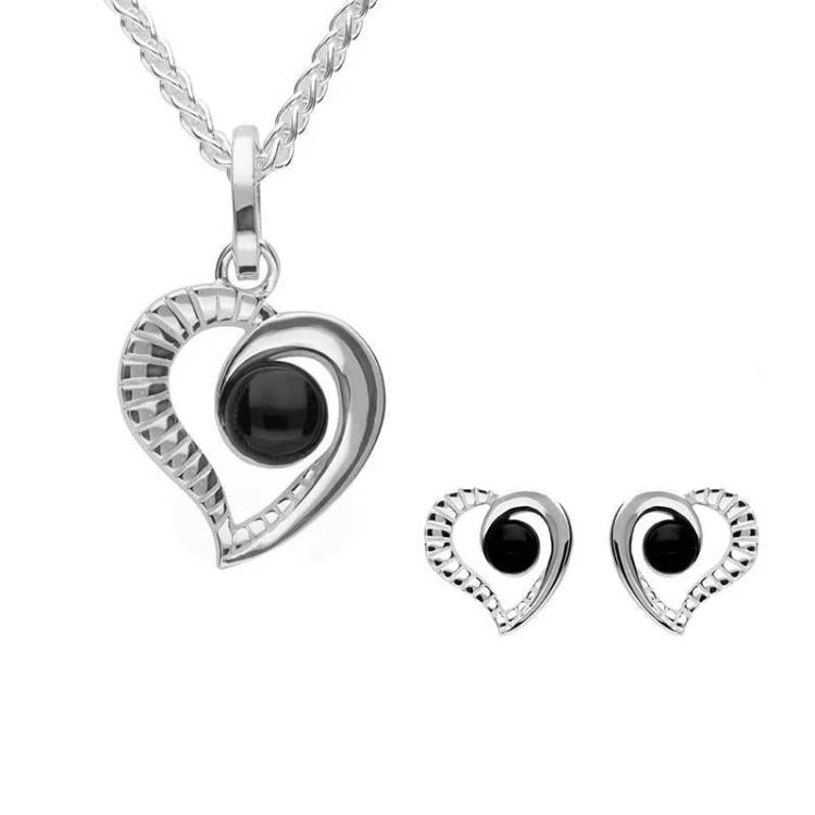 Sterling Silver Whitby Jet Ridged Heart Two Piece Set - Silver