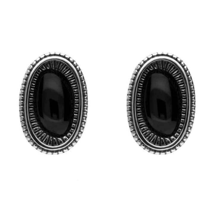 Sterling Silver Whitby Jet Ridged Oval Stud Earrings - Option1 Value Silver