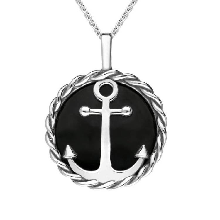 Sterling Silver Whitby Jet Rope Edge Anchor Necklace - Silver
