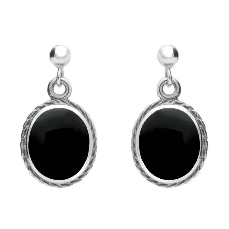 Sterling Silver Whitby Jet Rope Edge Oval Drop Earrings - Silver
