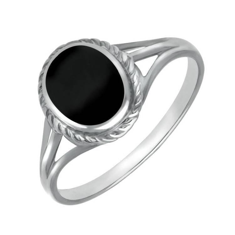 Sterling Silver Whitby Jet Oval Rope Edged Ring - Silver