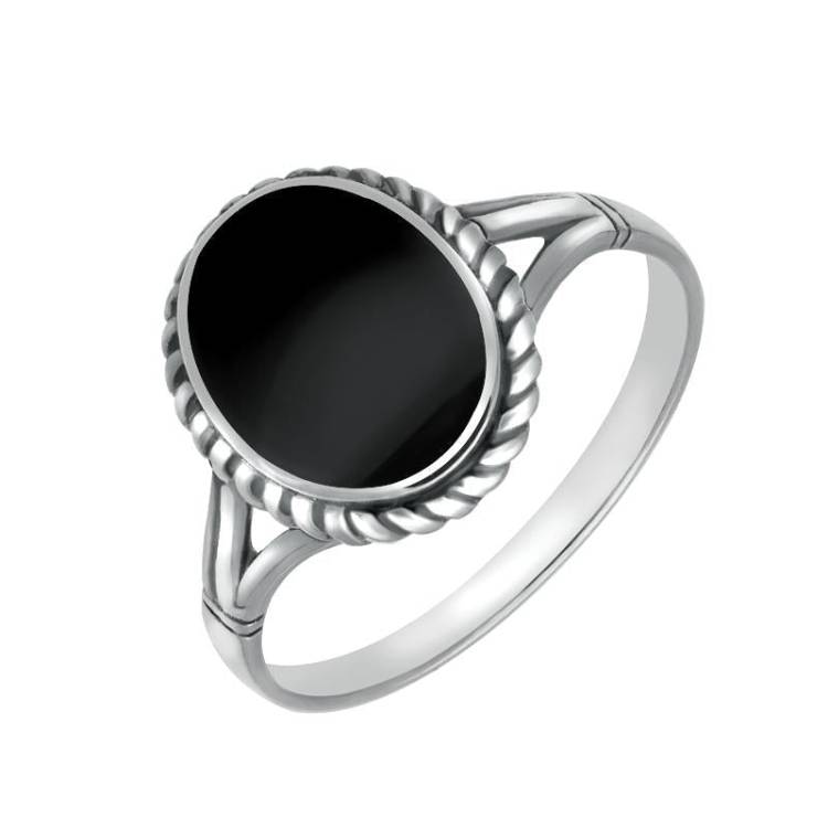 Sterling Silver Whitby Jet Oval Rope Edge Ring - Silver
