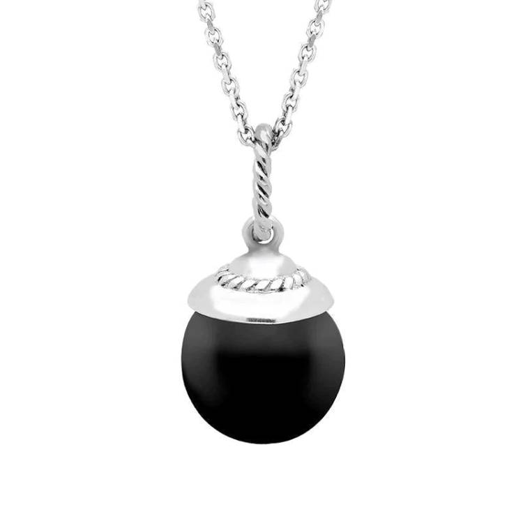Sterling Silver Whitby Jet Round Bead Drop Necklace - Silver