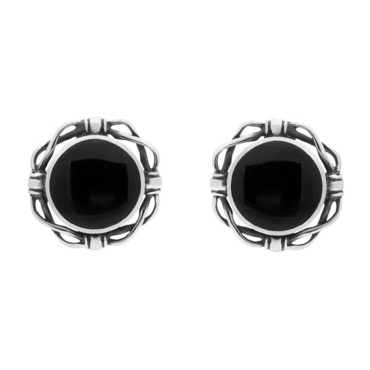 Sterling Silver Whitby Jet Round Bow Edge Stud Earrings - Silver