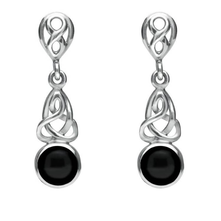 Sterling Silver Whitby Jet Round Celtic Dropper Earrings - Option1 Value Silver