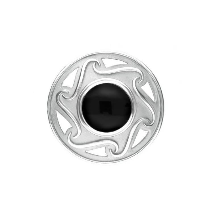 Sterling Silver Whitby Jet Round Celtic Framed Brooch - Silver