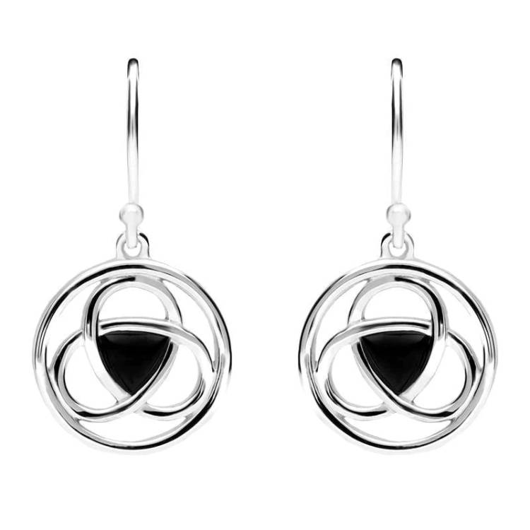 Sterling Silver Whitby Jet Round Celtic Knot Hook Earrings - Silver