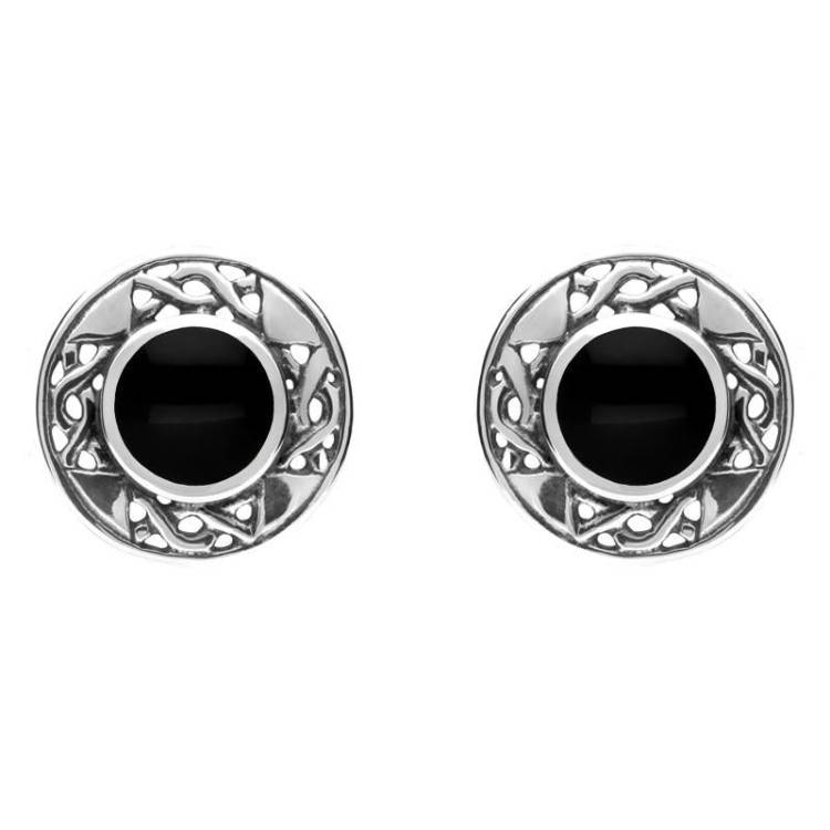 Sterling Silver Whitby Jet Round Celtic Stud Earrings - Silver