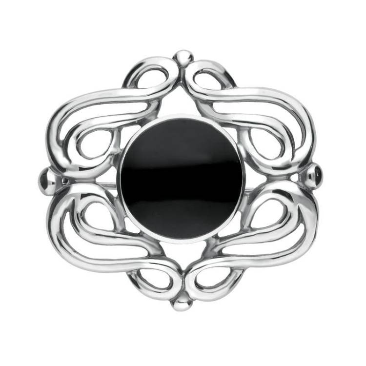 Sterling Silver Whitby Jet Round Fancy Swirl Brooch - Silver