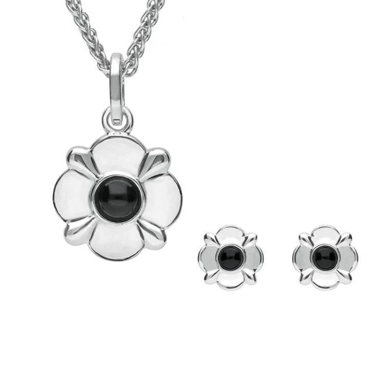 Sterling Silver Whitby Jet Round Four Petal Flower Two Piece Set