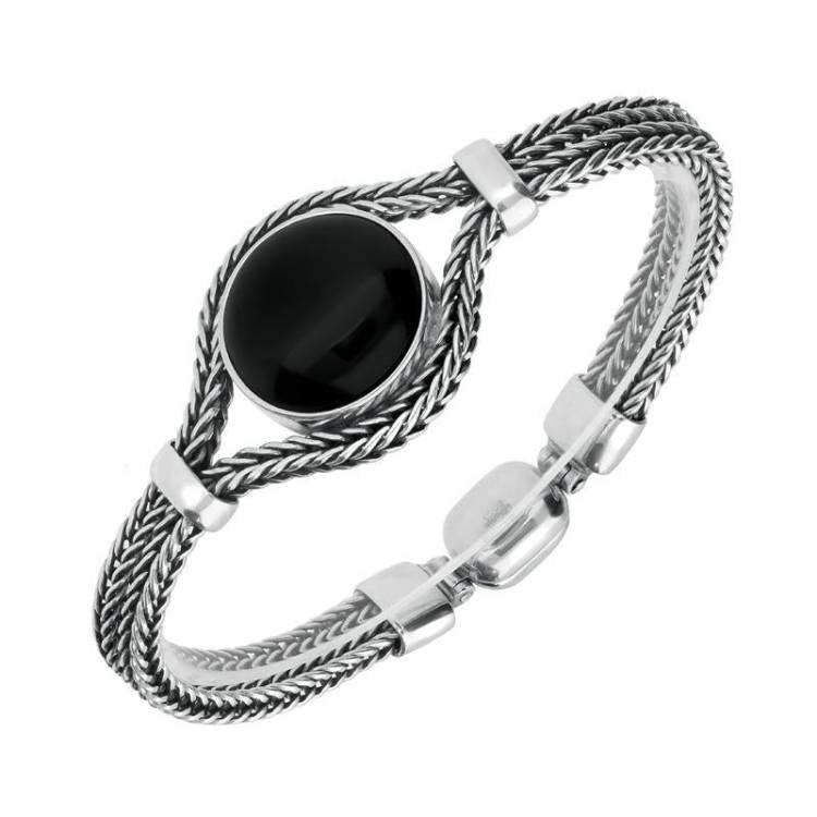Sterling Silver Whitby Jet Round Foxtail Bracelet - Option1 Value Silver