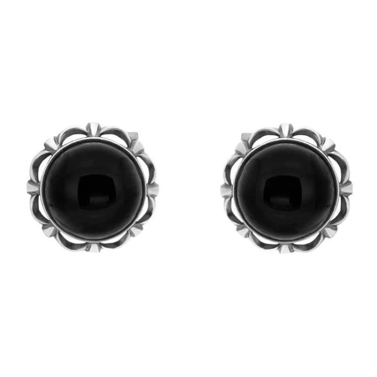 Sterling Silver Whitby Jet Round Frill Edge Stud Earrings - Option1 Value Silver