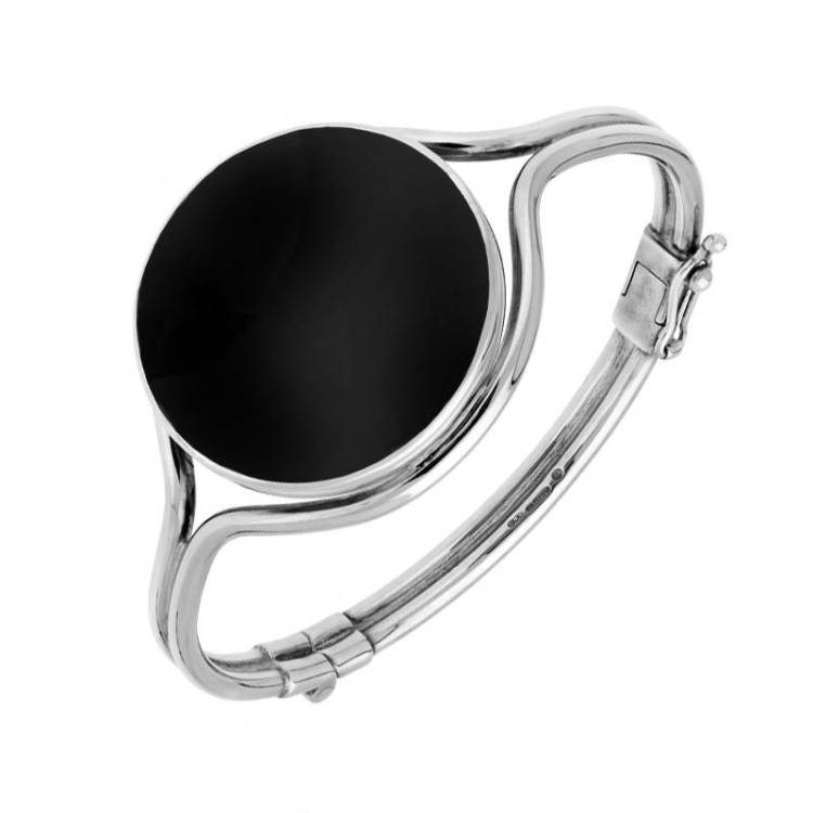 Sterling Silver Whitby Jet Round Hinged Bangle - Option1 Value Silver