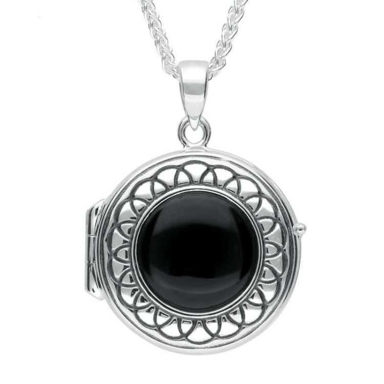 Sterling Silver Whitby Jet Round Locket Necklace - Silver