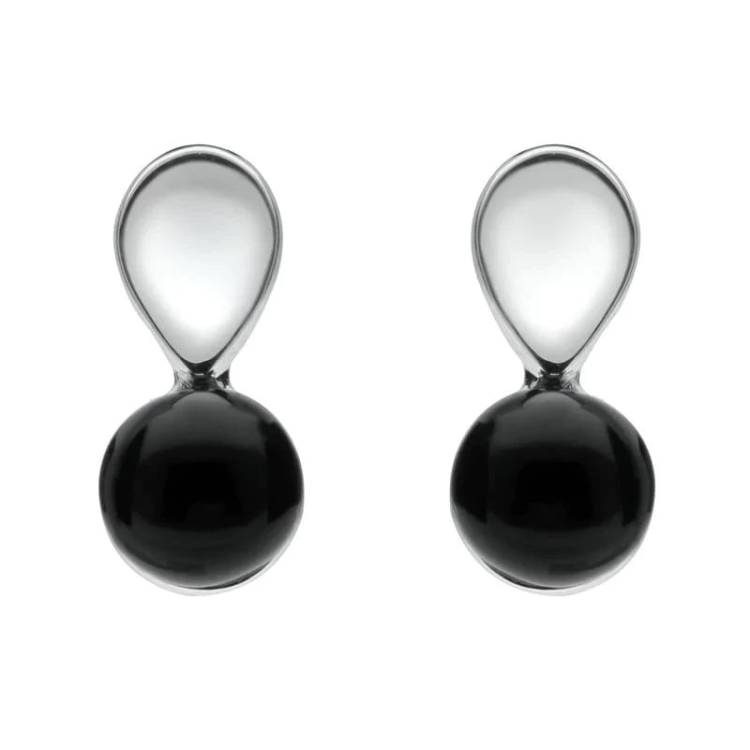 Sterling Silver Whitby Jet Round Pear Stud Earrings - Silver