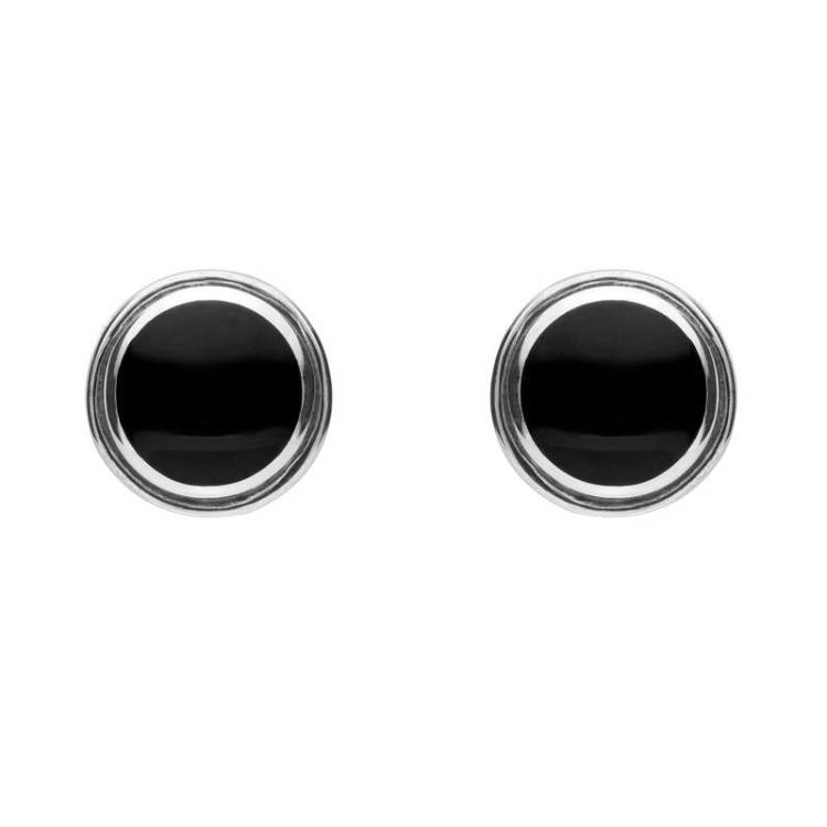 Sterling Silver Whitby Jet Round Plain Edged Stud Earrings - Silver