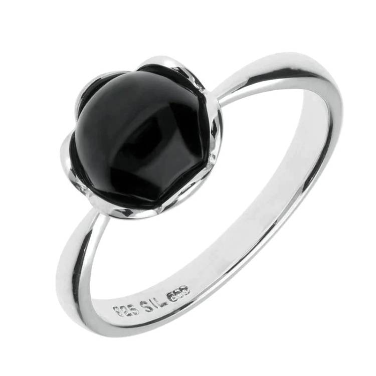 Sterling Silver Whitby Jet Round Ridged Edge Ring - Silver