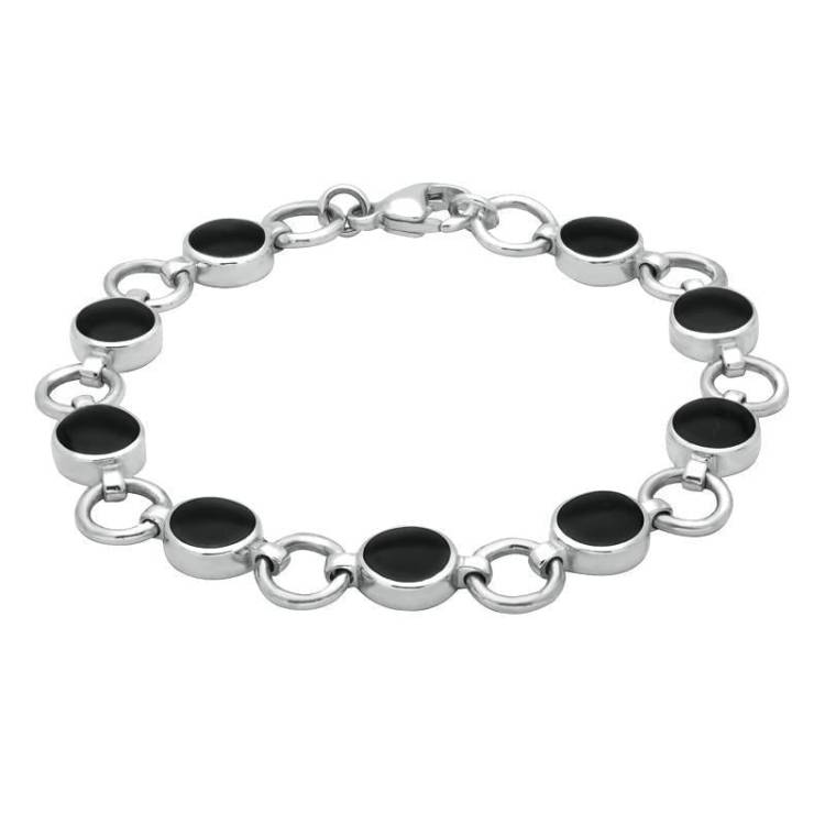 Sterling Silver Whitby Jet Nine Stone Round Ring Bracelet - Silver