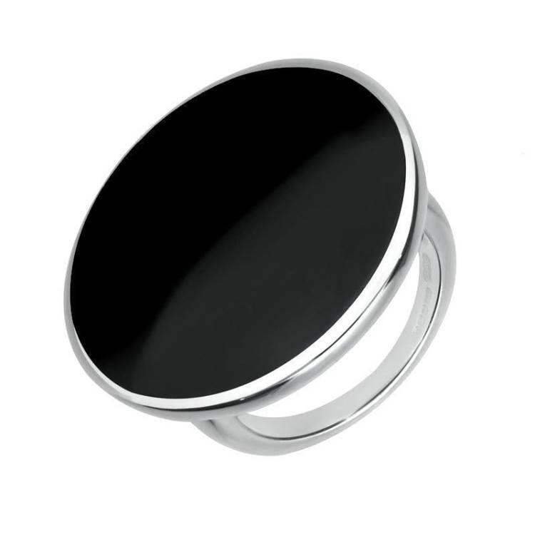 Sterling Silver Whitby Jet Round Ring - Silver