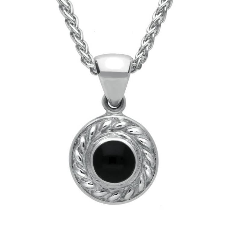 Sterling Silver Whitby Jet Round Rope Edge Necklace - Silver