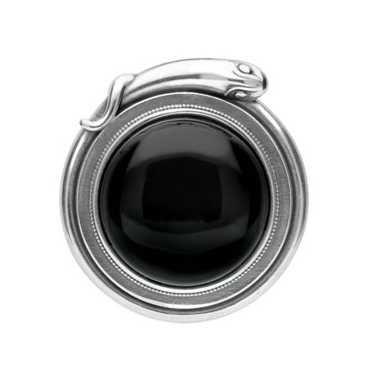 Sterling Silver Whitby Jet Round Snake Edge Brooch M356 - Silver