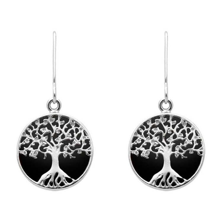 Sterling Silver Whitby Jet Round Tree Drop Earrings