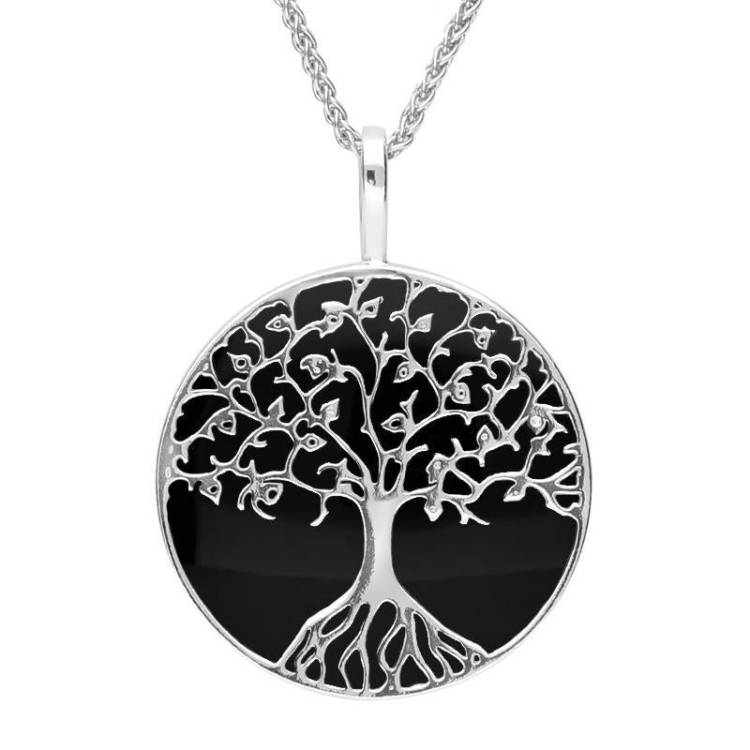 Sterling Silver Whitby Jet Round Tree Of Life Necklace