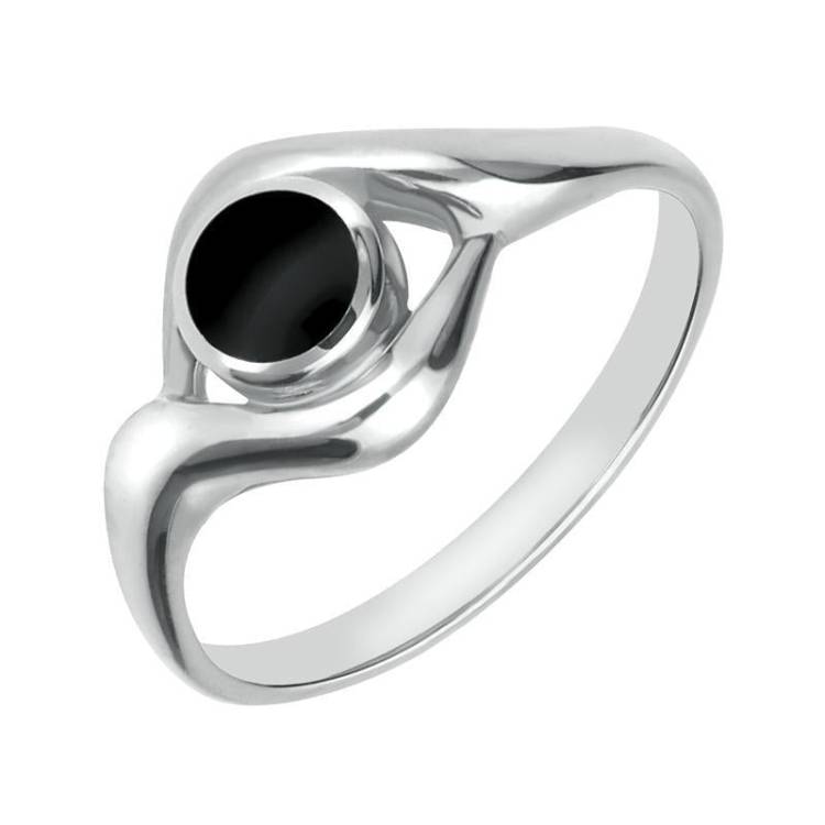 Sterling Silver Whitby Jet Round Twist Ring - Silver