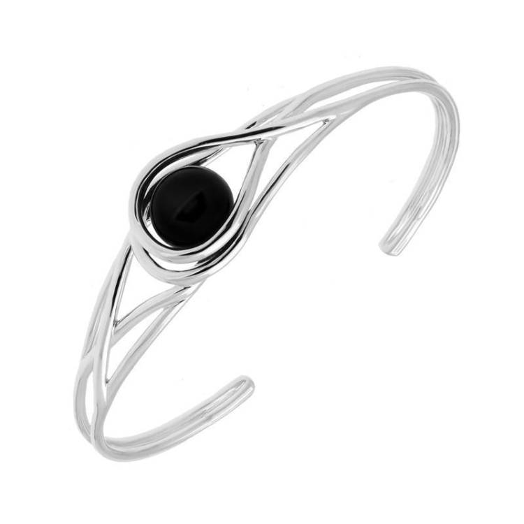 Sterling Silver Whitby Jet Round Twisted Bangle - Option1 Value Silver
