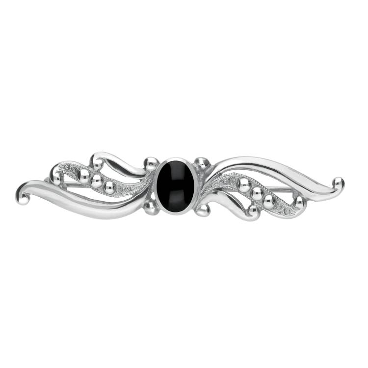 Sterling Silver Whitby Jet Scroll Bead Brooch - Silver