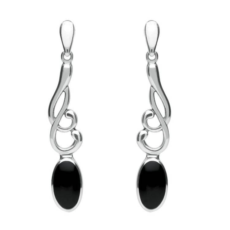 Sterling Silver Whitby Jet Scroll Drop Earrings - Silver