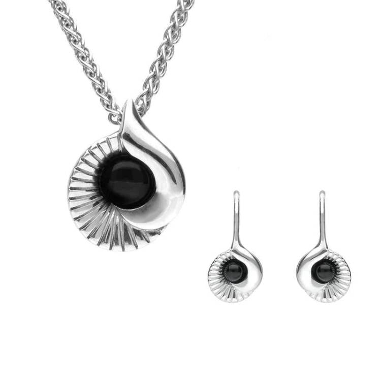 Sterling Silver Whitby Jet Seashell Two Piece Set