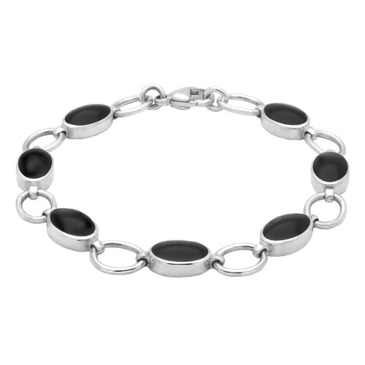Sterling Silver Whitby Jet Seven Oval Stone Bracelet - Option1 Value Silver