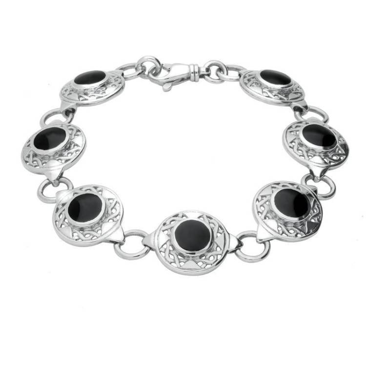 Sterling Silver Whitby Jet Seven Stone Round Celtic Bracelet - Option1 Value Silver