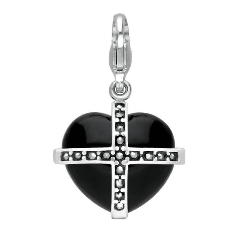 Sterling Silver Whitby Jet Seventeen Marcasite Medium Cross Heart Charm - Silver