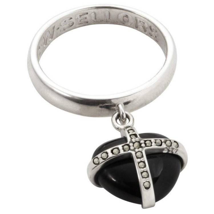 Silver Whitby Jet Seventeen Marcasite Cross Heart Dropper Ring - Silver