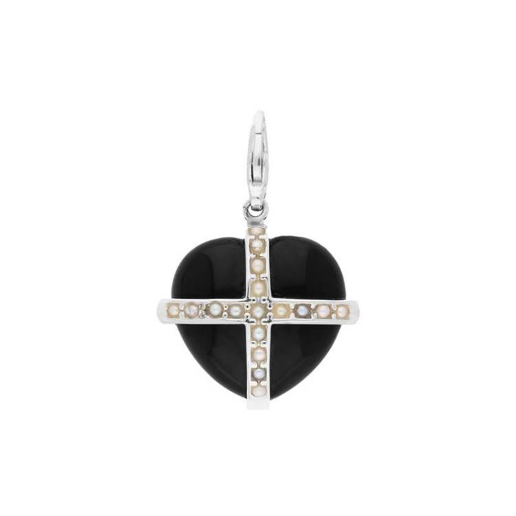 Sterling Silver Whitby Jet Seventeen Pearl Medium Cross Heart Charm