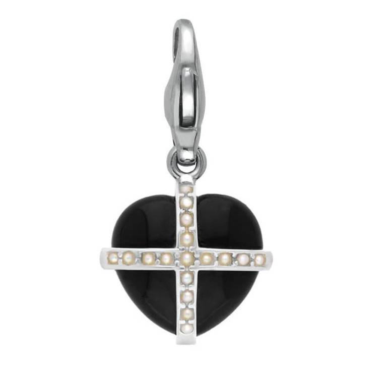 Sterling Silver Whitby Jet Seventeen Pearl Small Cross Heart Charm - Option1 Value Silver