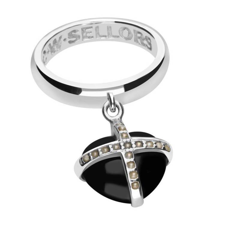 Sterling Silver Whitby Jet Seventeen Pearl Small Cross Heart Dropper Ring - Silver