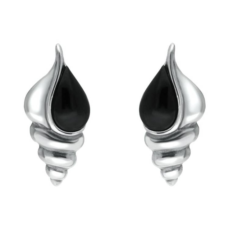 Sterling Silver Whitby Jet Shell Stud Earrings - Silver