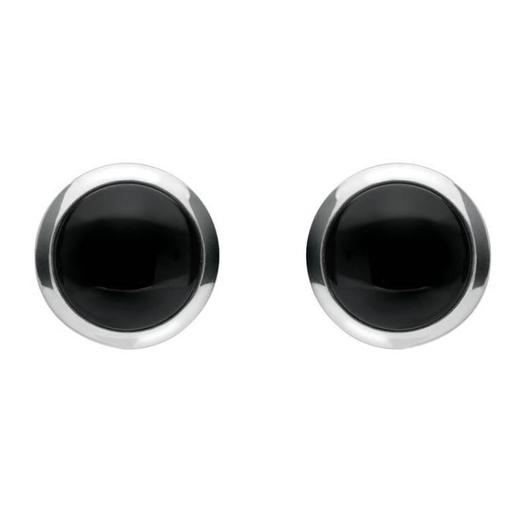 Sterling Silver Whitby Jet Simple Round Stud Earrings - Silver