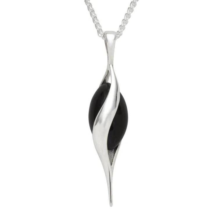 Sterling Silver Whitby Jet Single Bead Twist Necklace - Silver