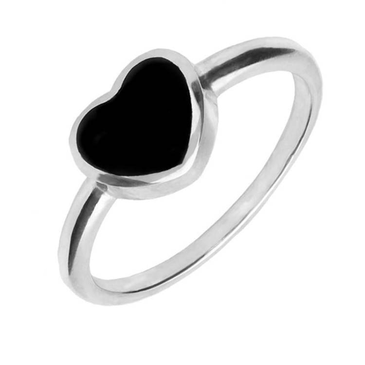Sterling Silver Whitby Jet Single Heart Ring - Option1 Value Silver