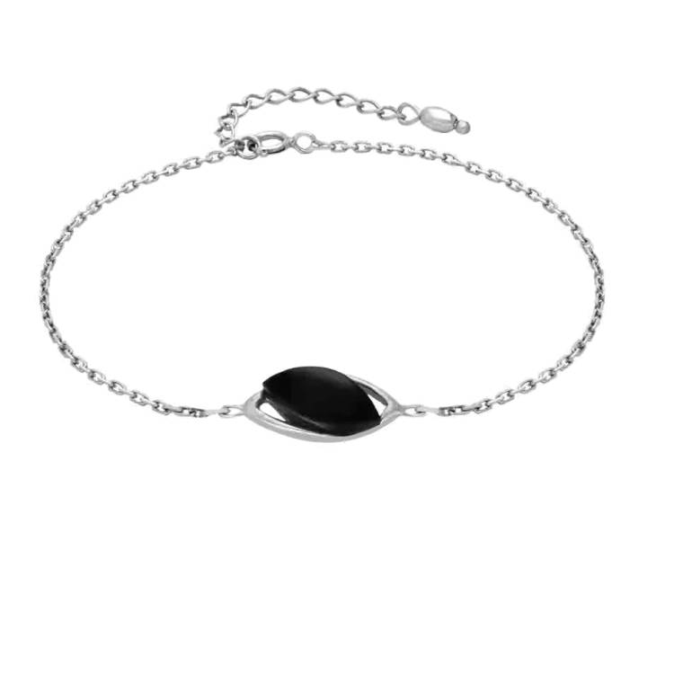 Sterling Silver Whitby Jet Single Marquise Offset Bracelet