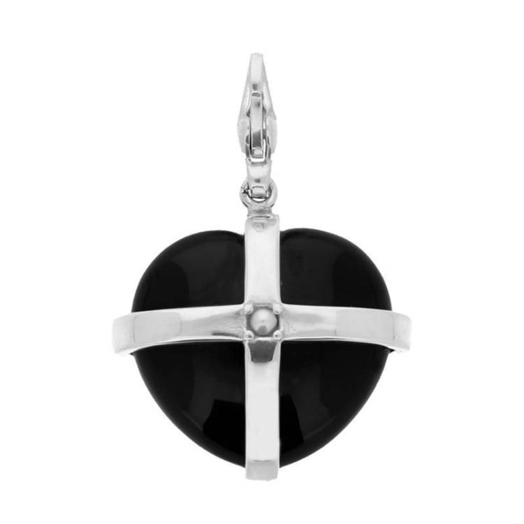 Sterling Silver Whitby Jet & Single Pearl Medium Cross Heart Charm - Gold