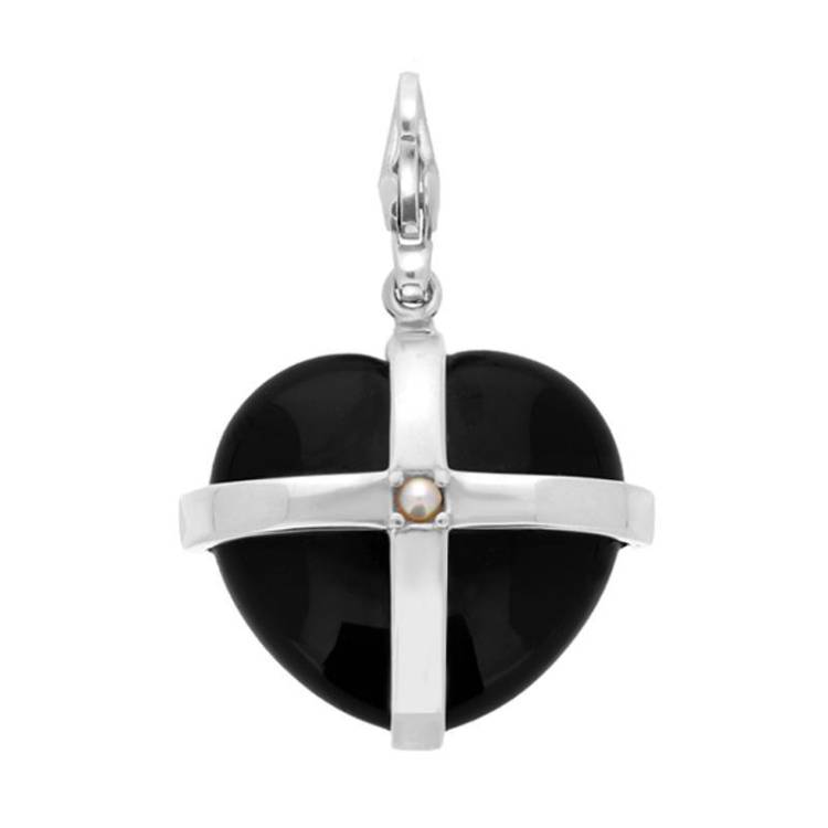 Sterling Silver Whitby Jet Single Pearl Small Cross Heart Charm - Gold