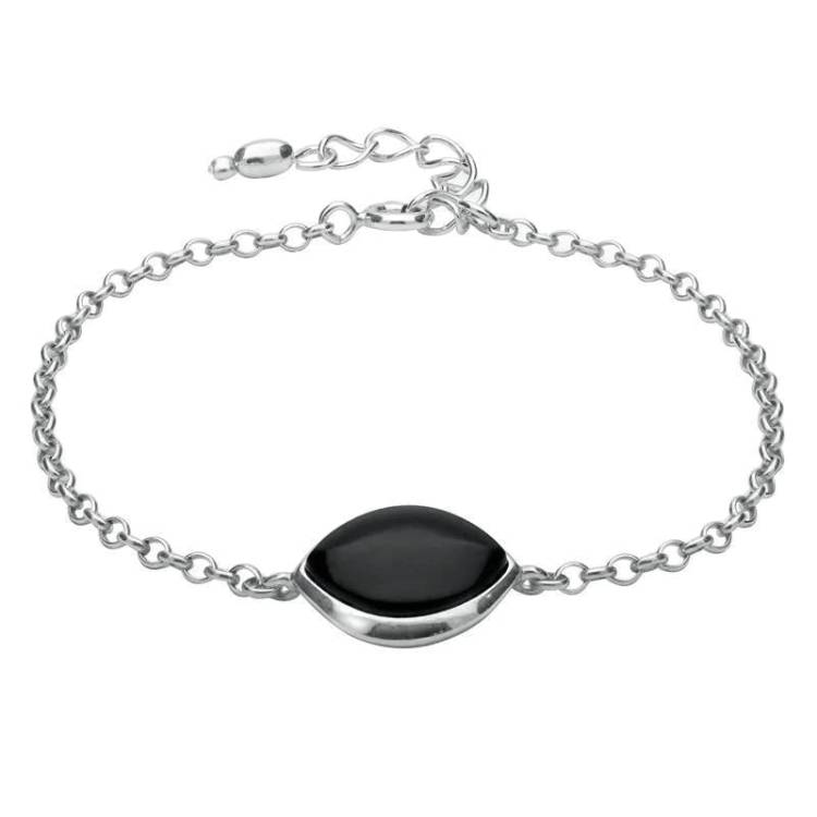 Sterling Silver Whitby Jet Single Wide Marquise Bracelet