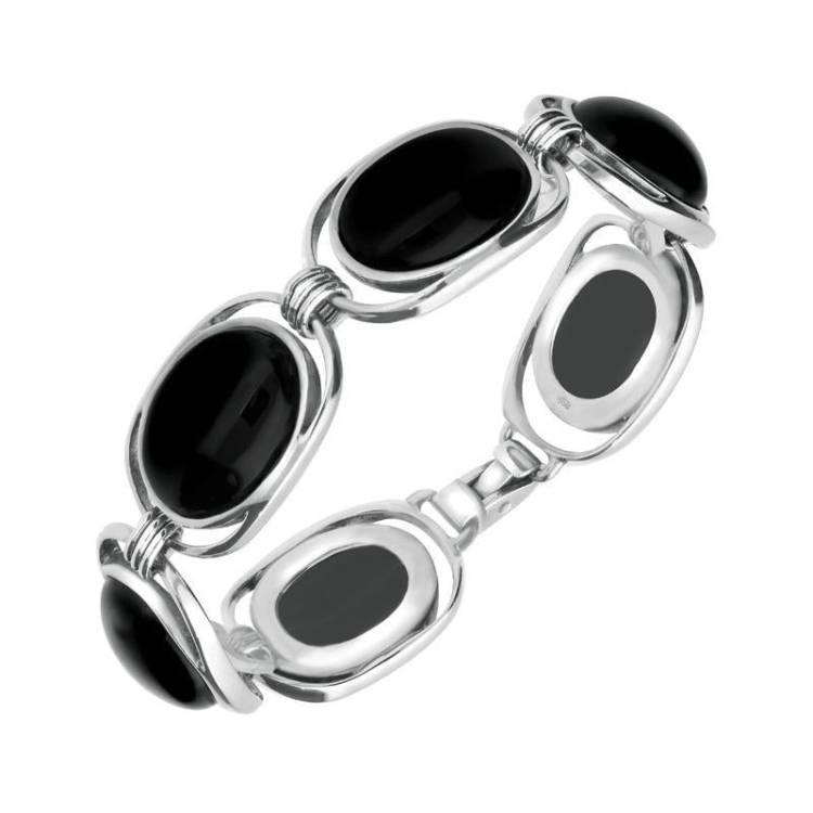 Sterling Silver Whitby Jet Six Stone Open End Bracelet D - Silver