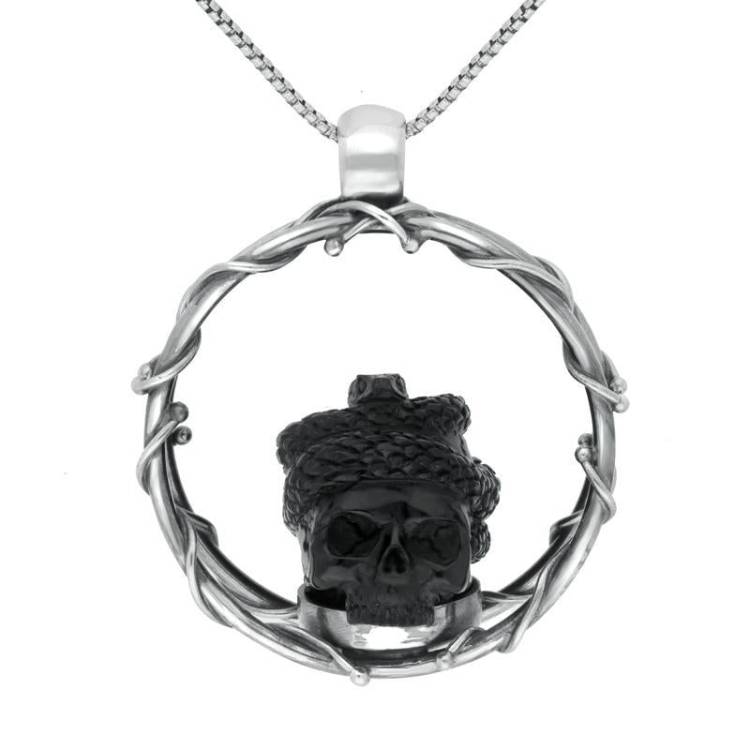 Sterling Silver Whitby Jet Skull And Snake Necklace - Option1 Value Silver