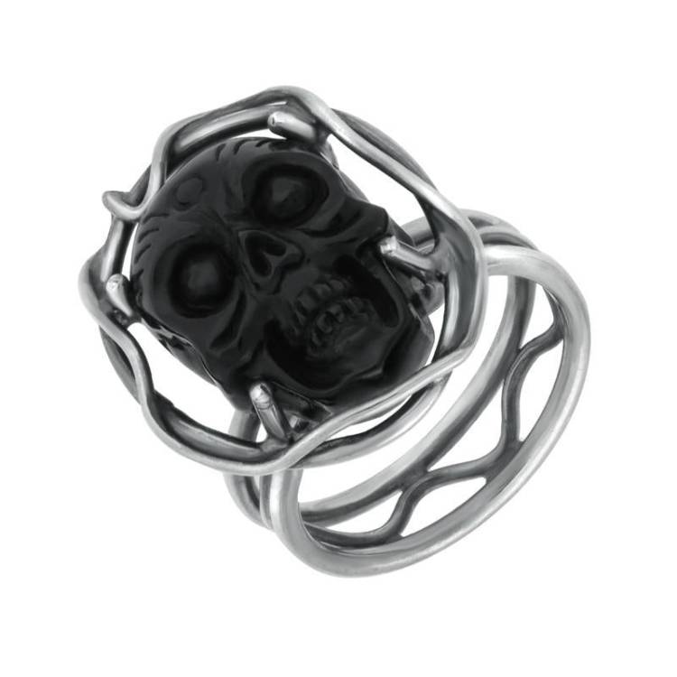 Sterling Silver Whitby Jet Skull Branch Surround Ring - P
